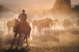 Golden Drive — Cowboy and Horse Herd at Sunrise, American West