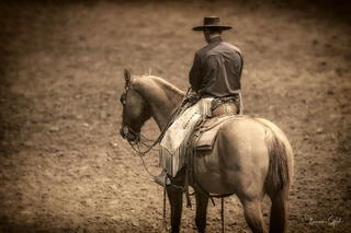 Cowboy on palomino horse facing away, ornate silver-chained bridle and fringed saddle pad, sepia-toned western fine art photography by Tamara Gooch.