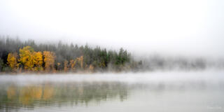 misty lake wenatchee fine art photography print with autumn trees and reflection for calm interiors