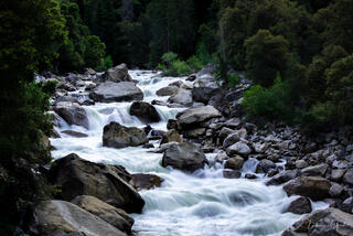 Long exposure fine art photograph of the Merced River rushing over rocks in a green forest.