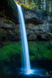 South Falls waterfall at Silver Falls State Park, silky long exposure cascade over basalt cliff, lush green moss, walkway behind falls, Oregon landscape fine ar