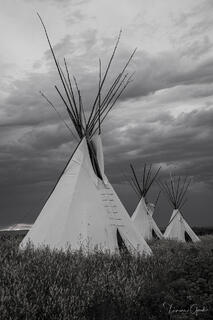 Three white tipis rising from tall prairie grass beneath dramatic storm clouds, black and white Great Plains fine art photography by Tamara Gooch.