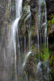 Multiple silky water threads cascading over dark moss-covered volcanic rock face, Mount Rainier National Park, Washington.