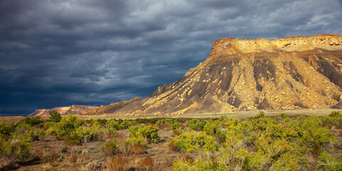 Color panoramic fine art photo of a dramatic sandstone mesa in golden storm light, dark churning sky above, desert scrub below, Book Cliffs, western Colorado.