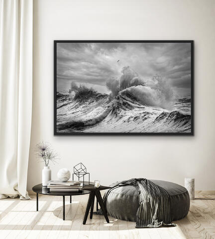 Framed Black and White ocean and wave photo 