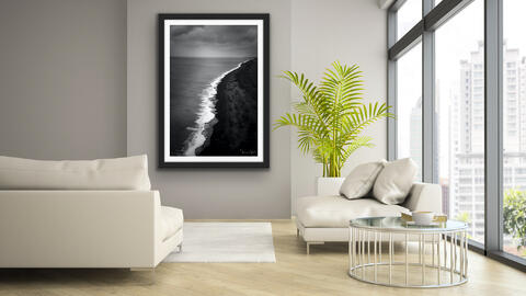 fine, art, print, framed, wall, black and white, photography, photograph, livingroom, hanging, Vik, Iceland, beach, coastal...