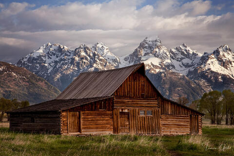 "Grand Teton National Park fine art print featuring historic Moulton Barn with snow-capped Teton Range"
