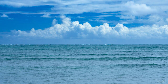 Panoramic view of turquoise Pacific Ocean, billowing white cumulus clouds above deep blue sky, Oahu Hawaii, fine art photography by Tamara Gooch.
