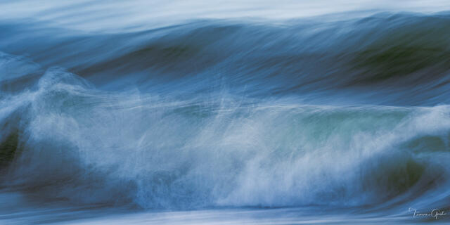 Panoramic wave captured with intentional camera movement in cool blue and teal tones, impressionistic coastal fine art photography by Tamara Gooch.