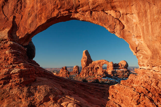 turret arch utah fine art photography print framing desert rock formations and blue sky