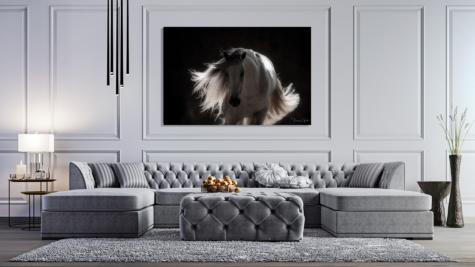 Andalusian Horse Photo Print in Black and white, shown hanging in a living room