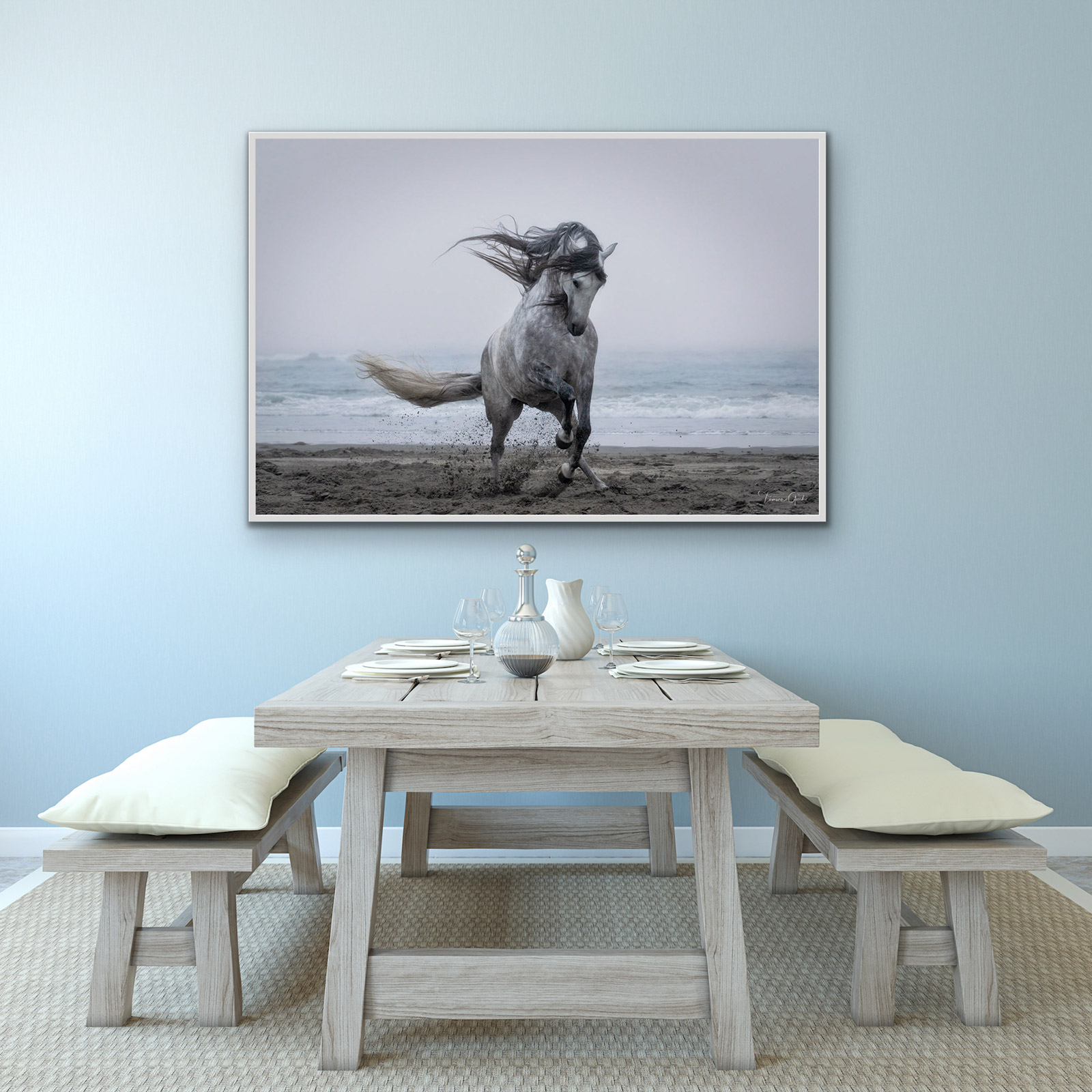 Andalusian Horse on the Beach photo print shown framed in a dining room