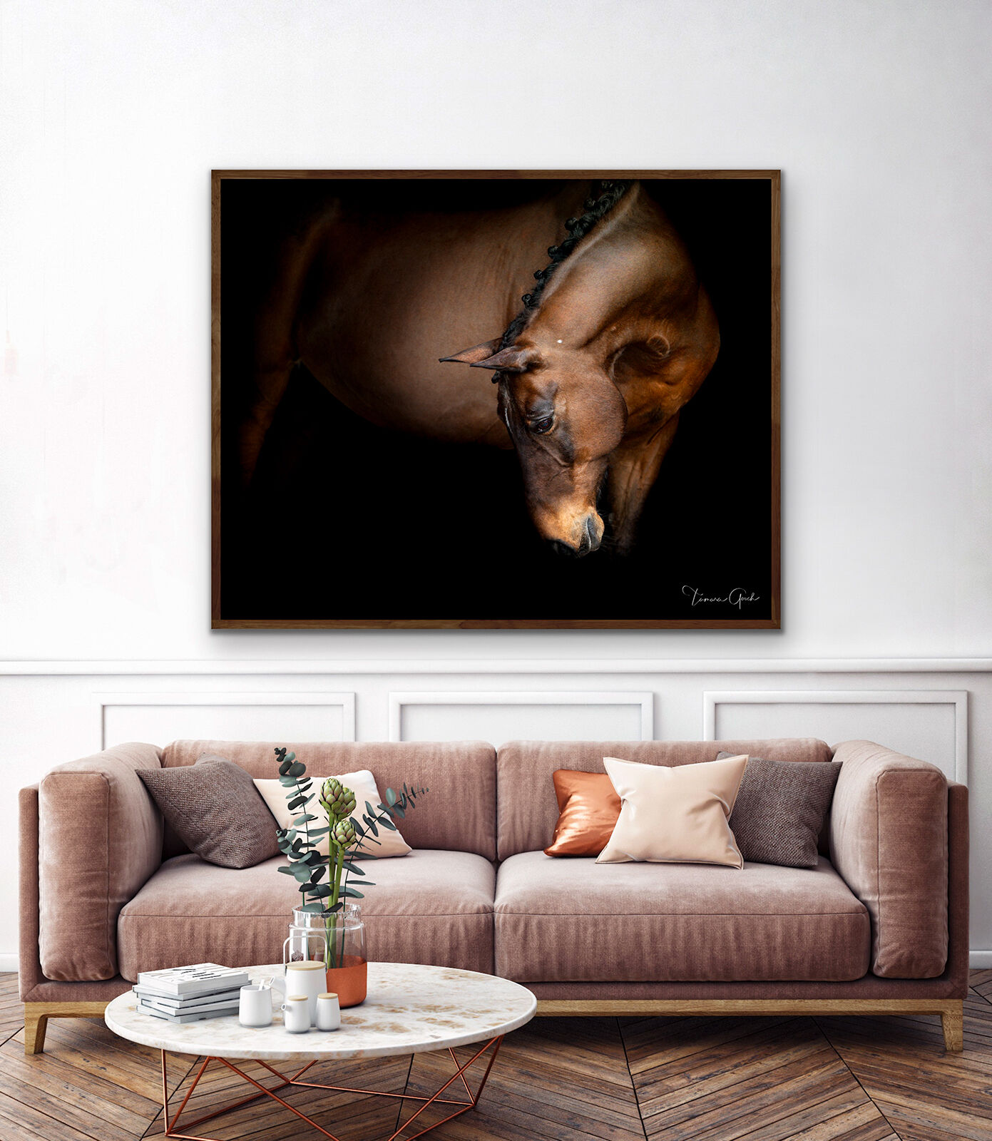 Framed Horse Photo Print hanging over couch