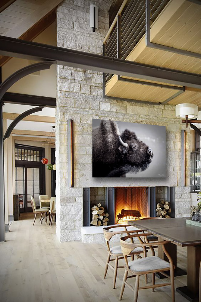 Fine Art Photograph of a bison hanging over a fireplace