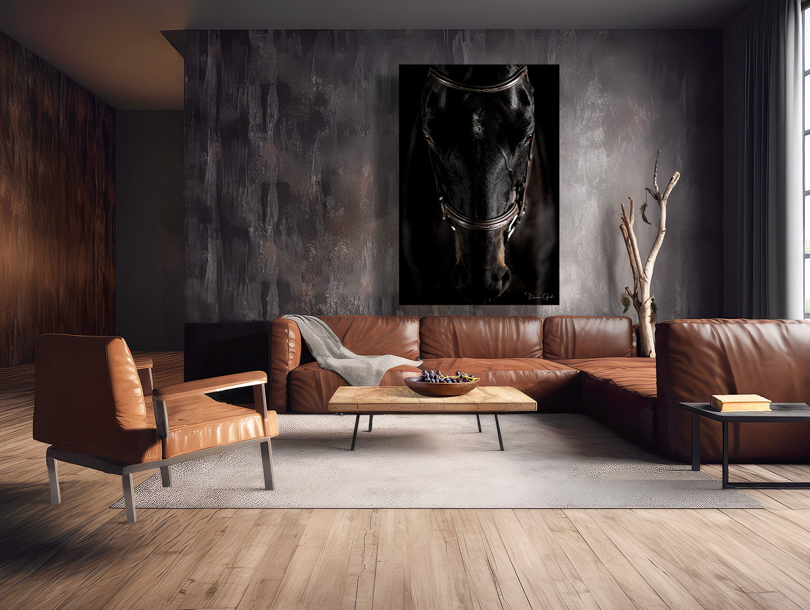 A low-key color fine art portrait of a Thoroughbred horse facing forward in an English bridle hung over a couch.