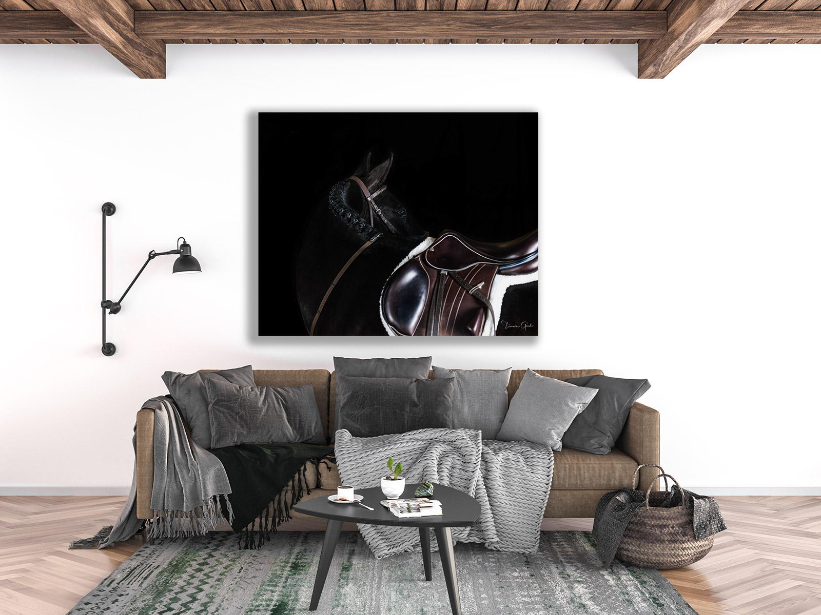 A fine art Equine portrait of a hunter horse looking back over its shoulder with an English saddle in a living room.