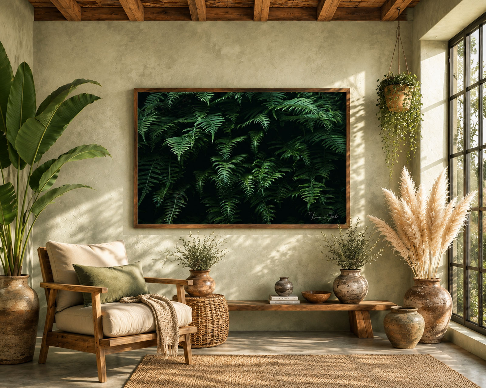 Forest Floor, a deep green sword fern photograph in a sunlit reading room with plaster walls, rattan and pampas grass