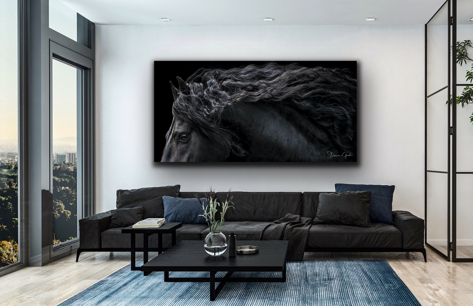 Framed Friesian Horse Print in Living room