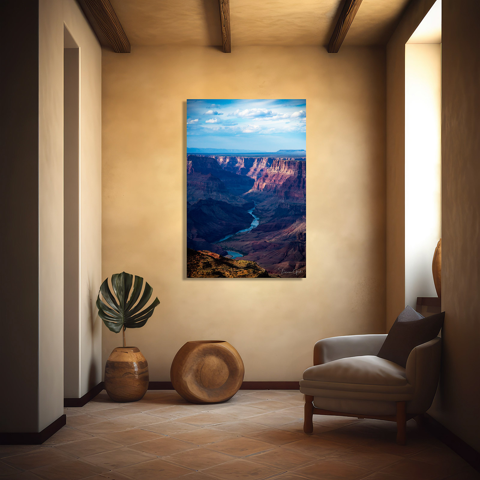 'Grand Canyon fine art print showing Colorado River winding through layered rock formations at sunset'