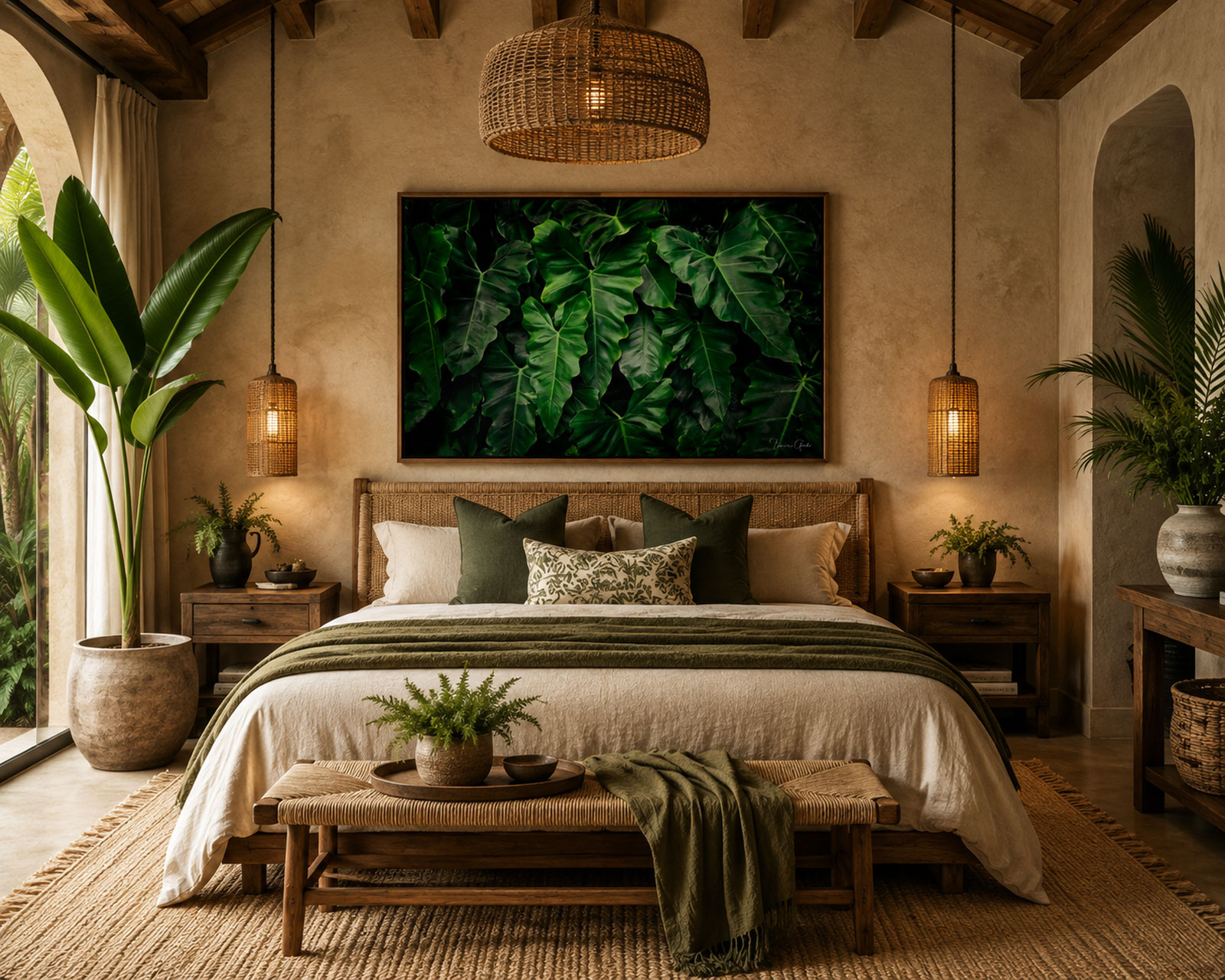 Hawaiian Tropical Leaves, an oversized botanical photograph above a rattan headboard in a Bali-inspired bedroom