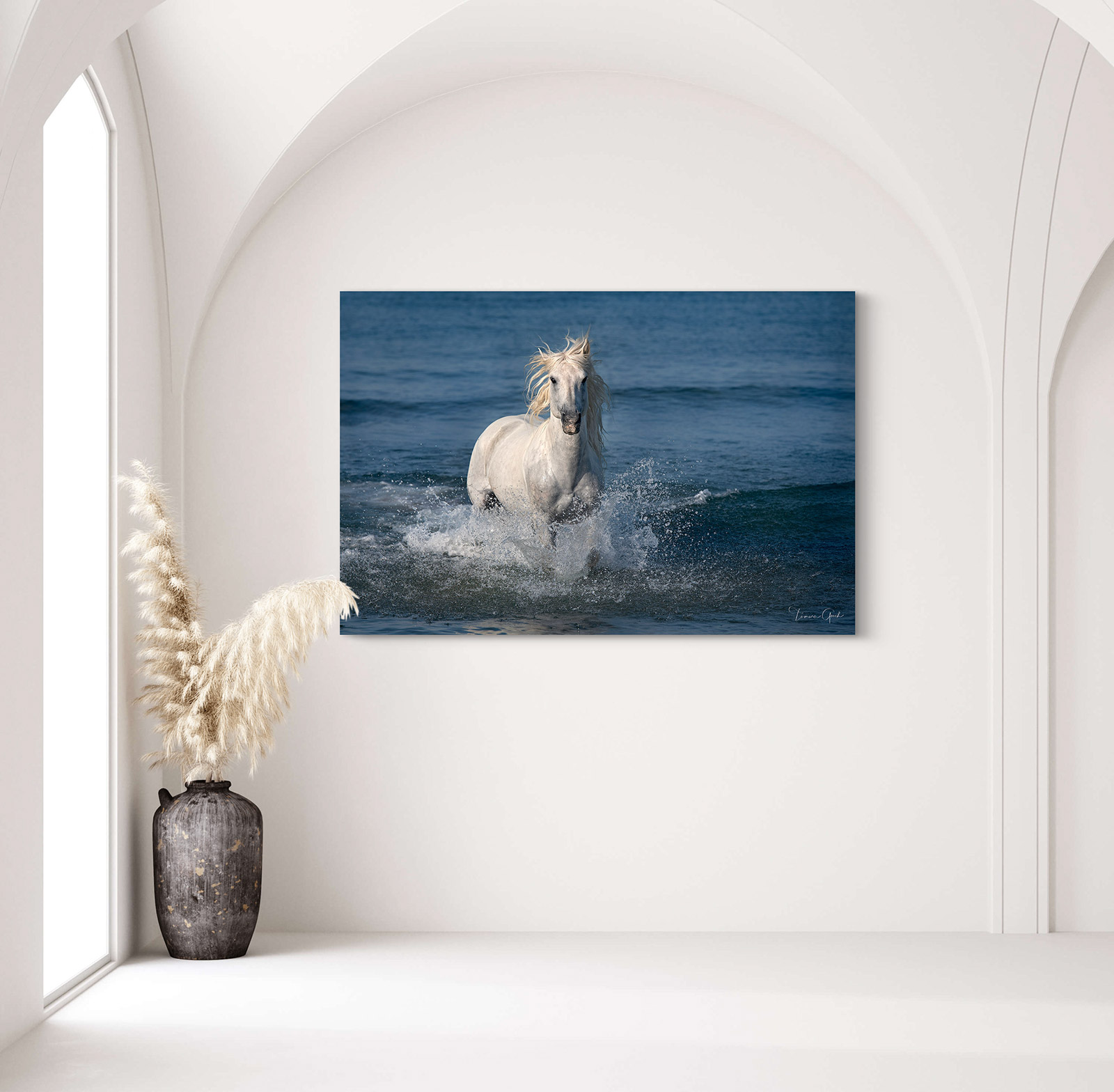 A fine art limited edition print of a Camargue stallion in the Mediterranean Sea.