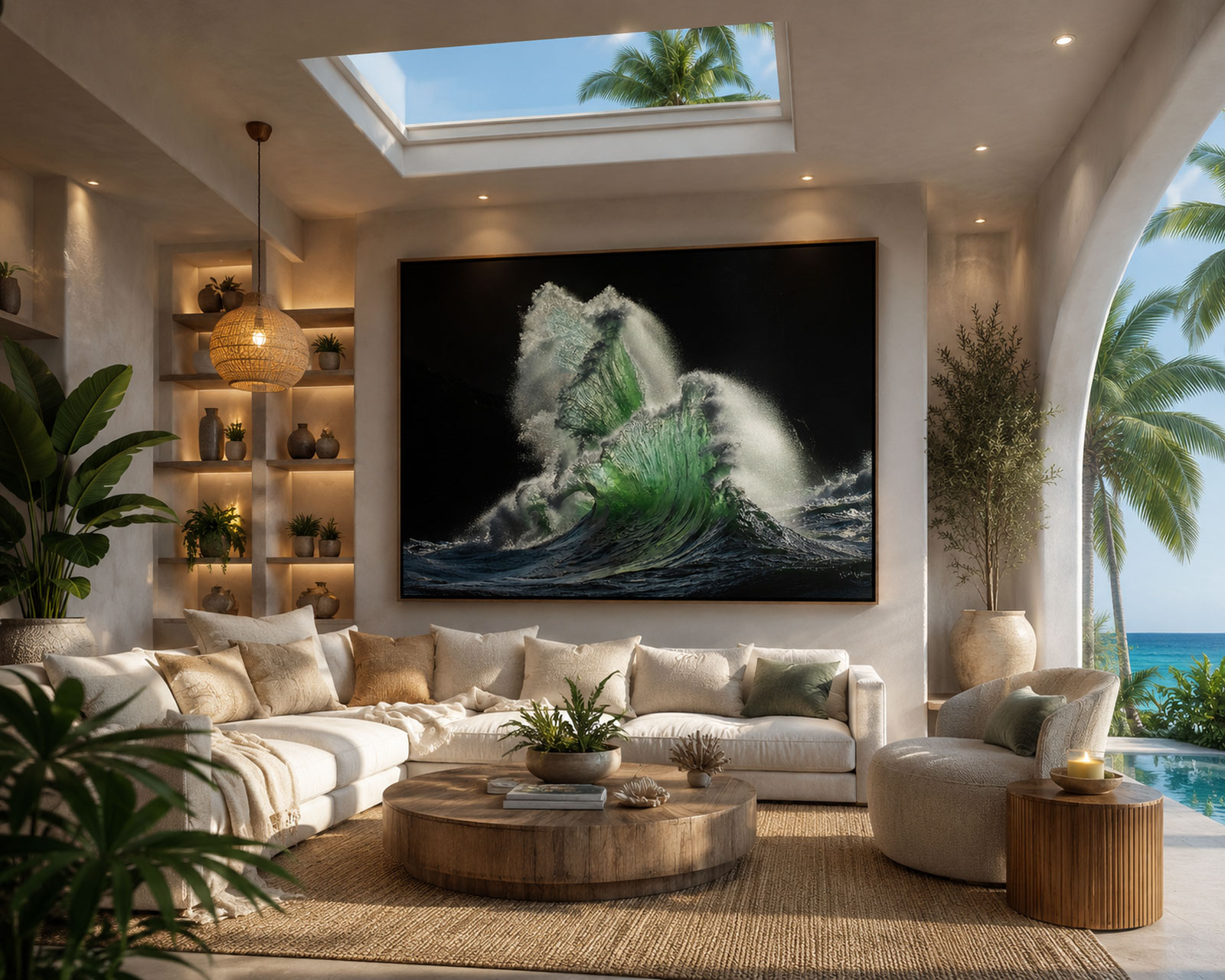 Neptune's Crown, a green wave photograph on a black background, hung as oversized wall art in a bright coastal living room with a skylight
