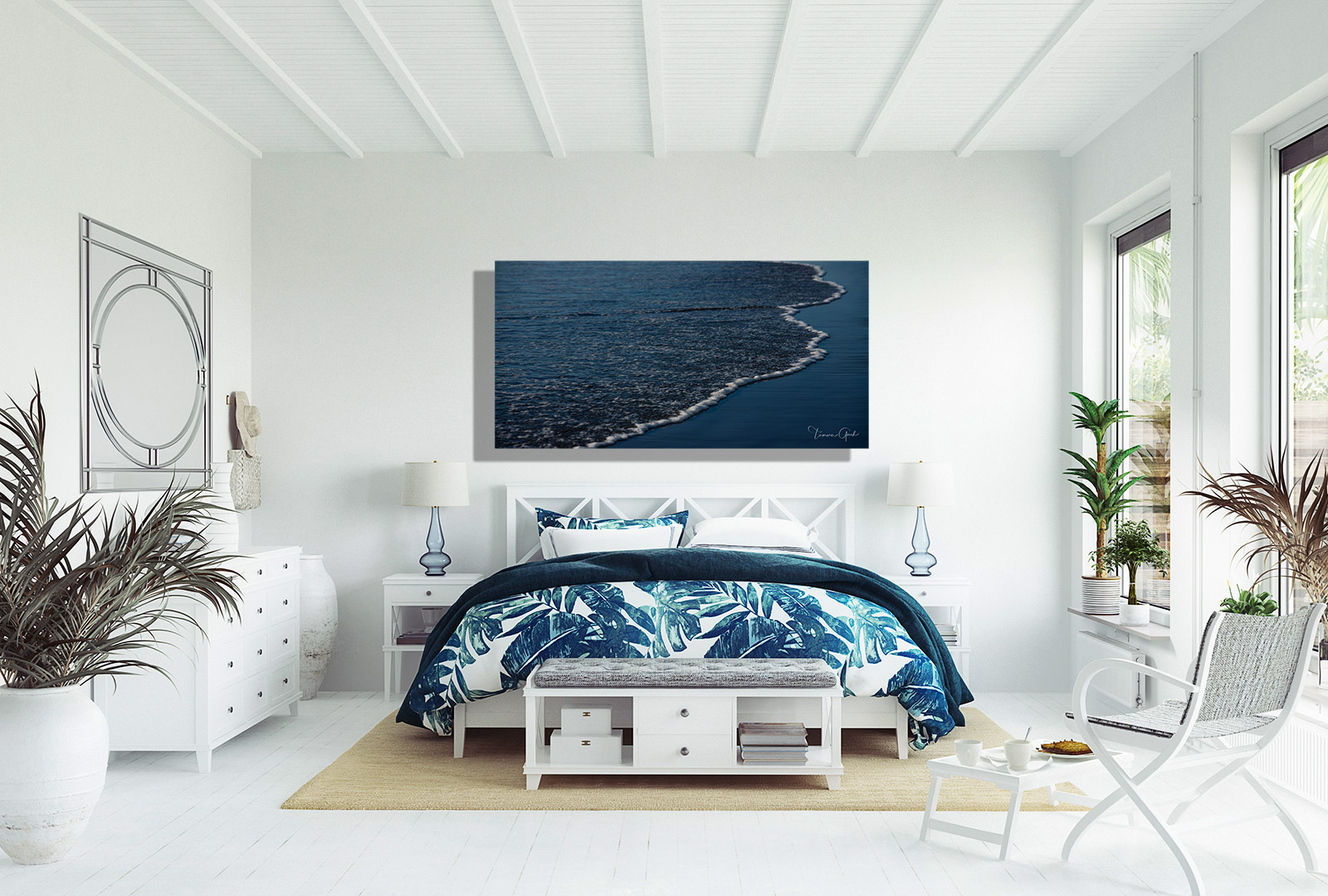 A fine art print titled "Ocean Shore Blues" by Tamara Gooch hanging in a bedroom. Printed on Aluminum or Metal, unframed.
