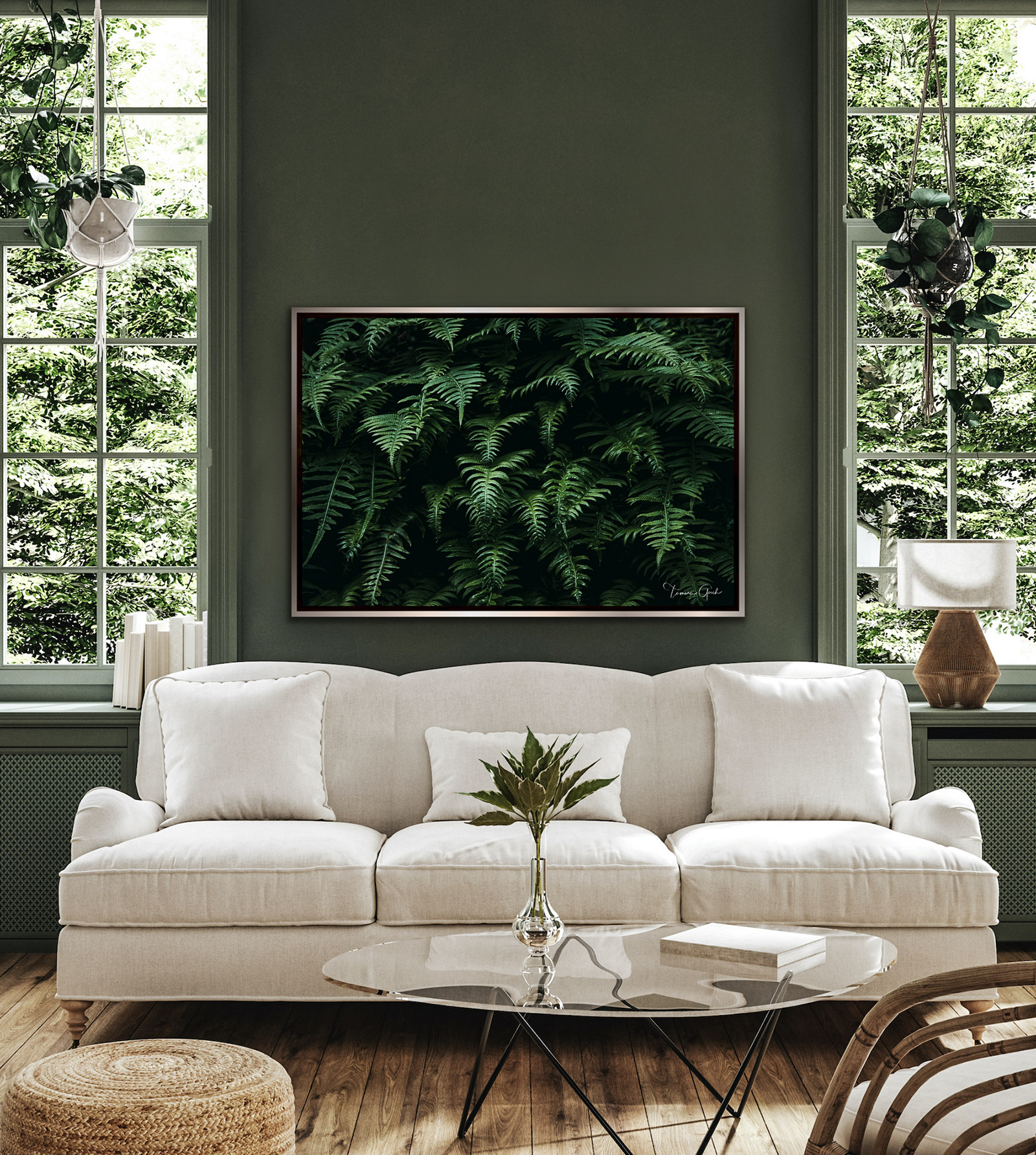Fine Art Photo Print of a Fern Garden framed hanging over a couch.