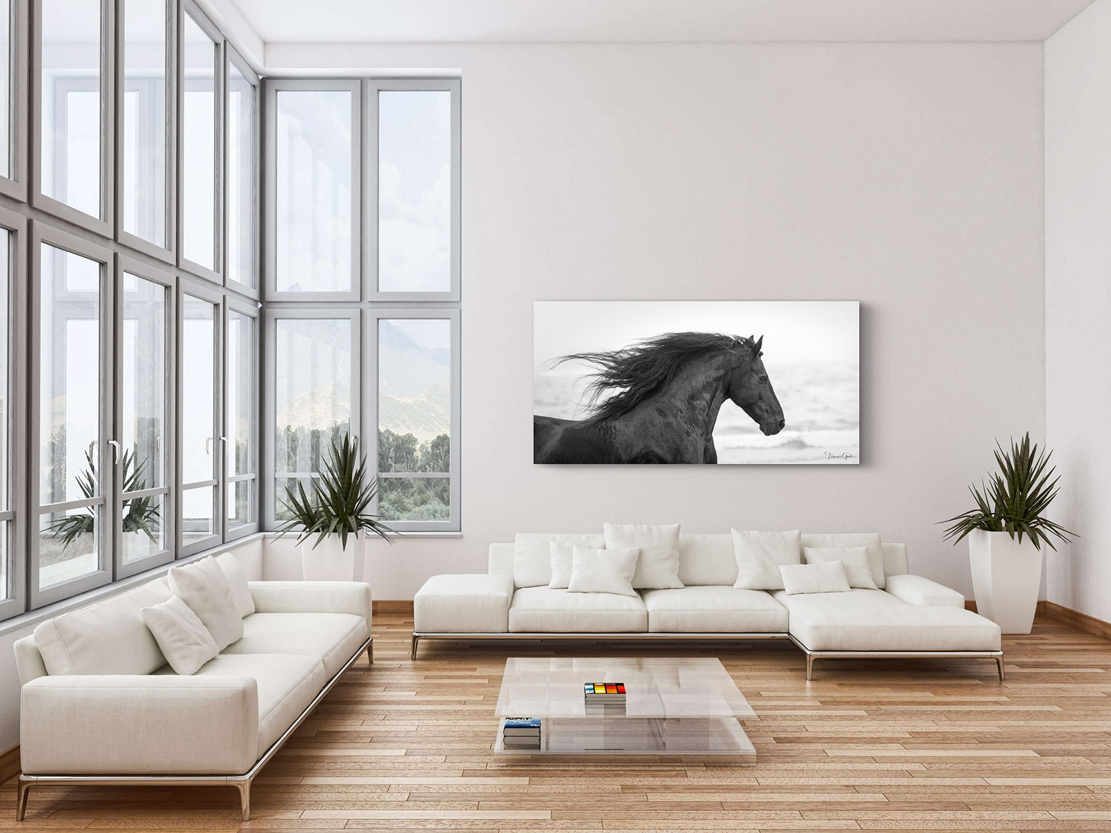 a black and white photograph of a Friesian horse at the beach