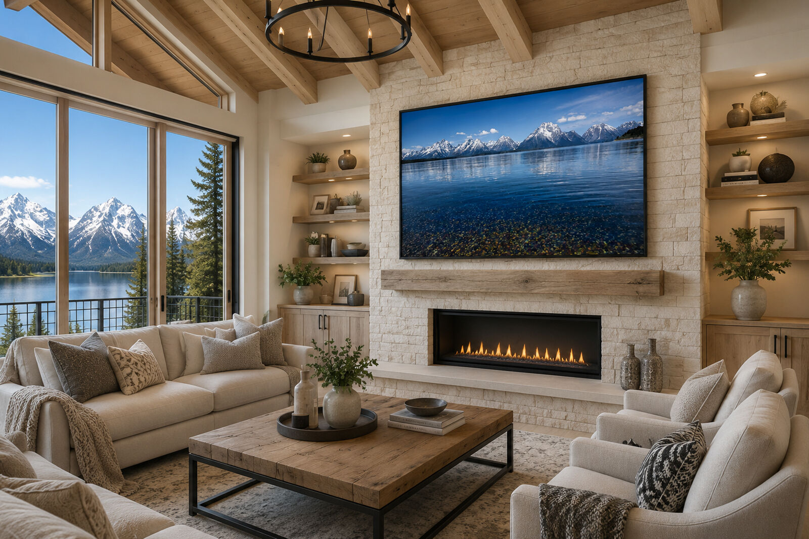 Modern timber and stone mountain home featuring Tamara Gooch's Grand Teton and Jackson Lake limited edition fine art landscape photograph displayed above a contemporary fireplace with light limestone, exposed wood beams, and panoramic mountain views.