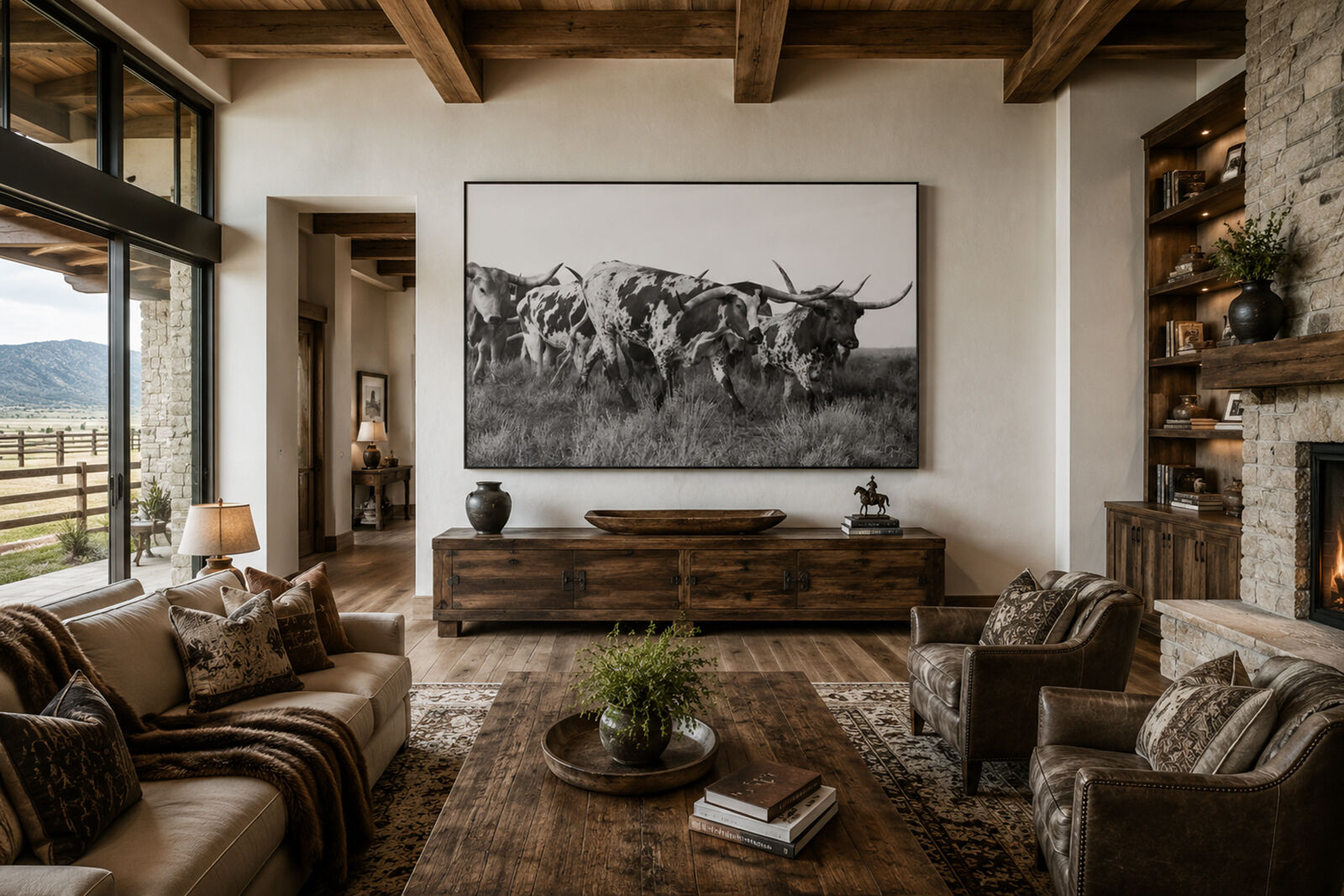 Luxury ranch-style living room featuring a large black and white Texas Longhorn fine art photography print by Tamara Gooch displayed as a statement artwork in a contemporary western home with natural stone, exposed timber beams, and designer furnishings.