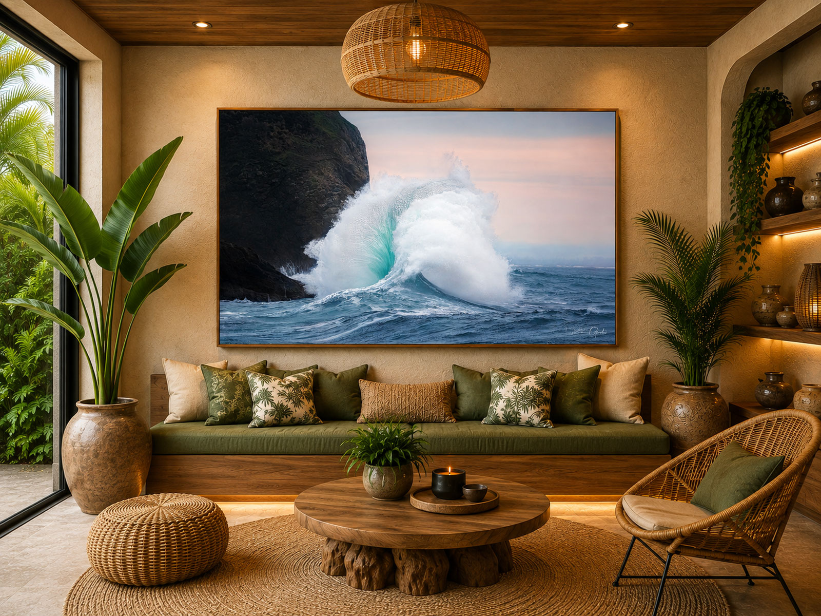 Turquoise Thunder, a fine art photograph of a turquoise wave against a sea cliff, hung above a built-in bench in a tropical modern living room