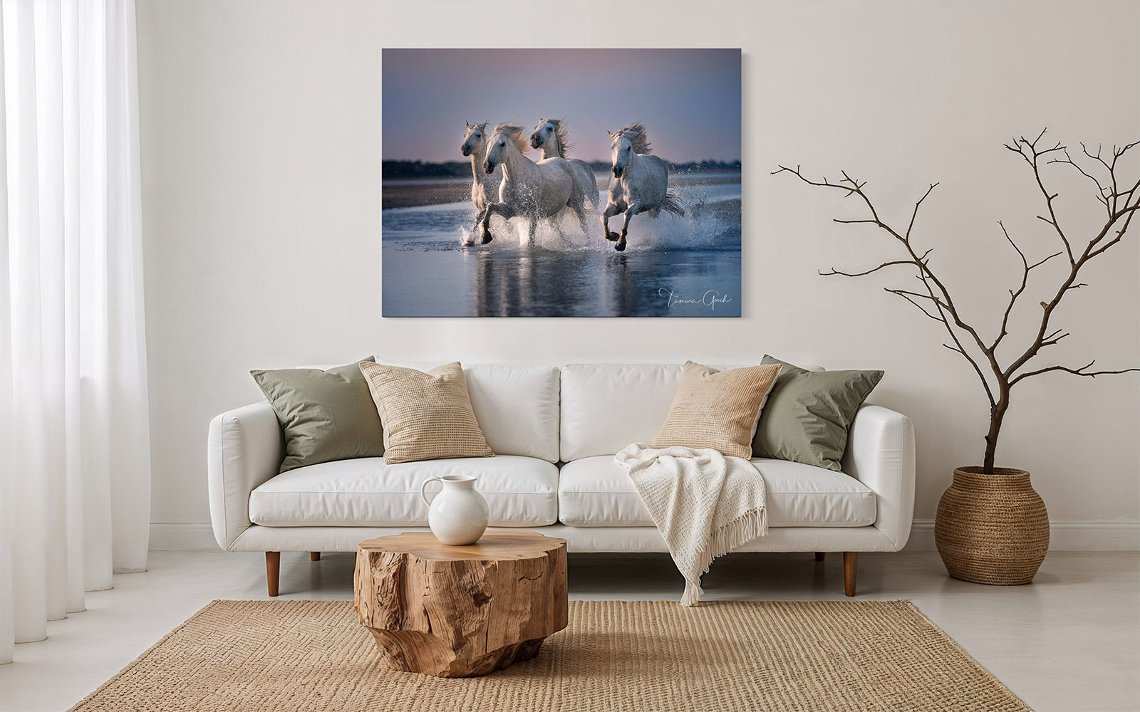 Four white Camargue horses stampede through water at pastel sunrise, fine art by Tamara Gooch.